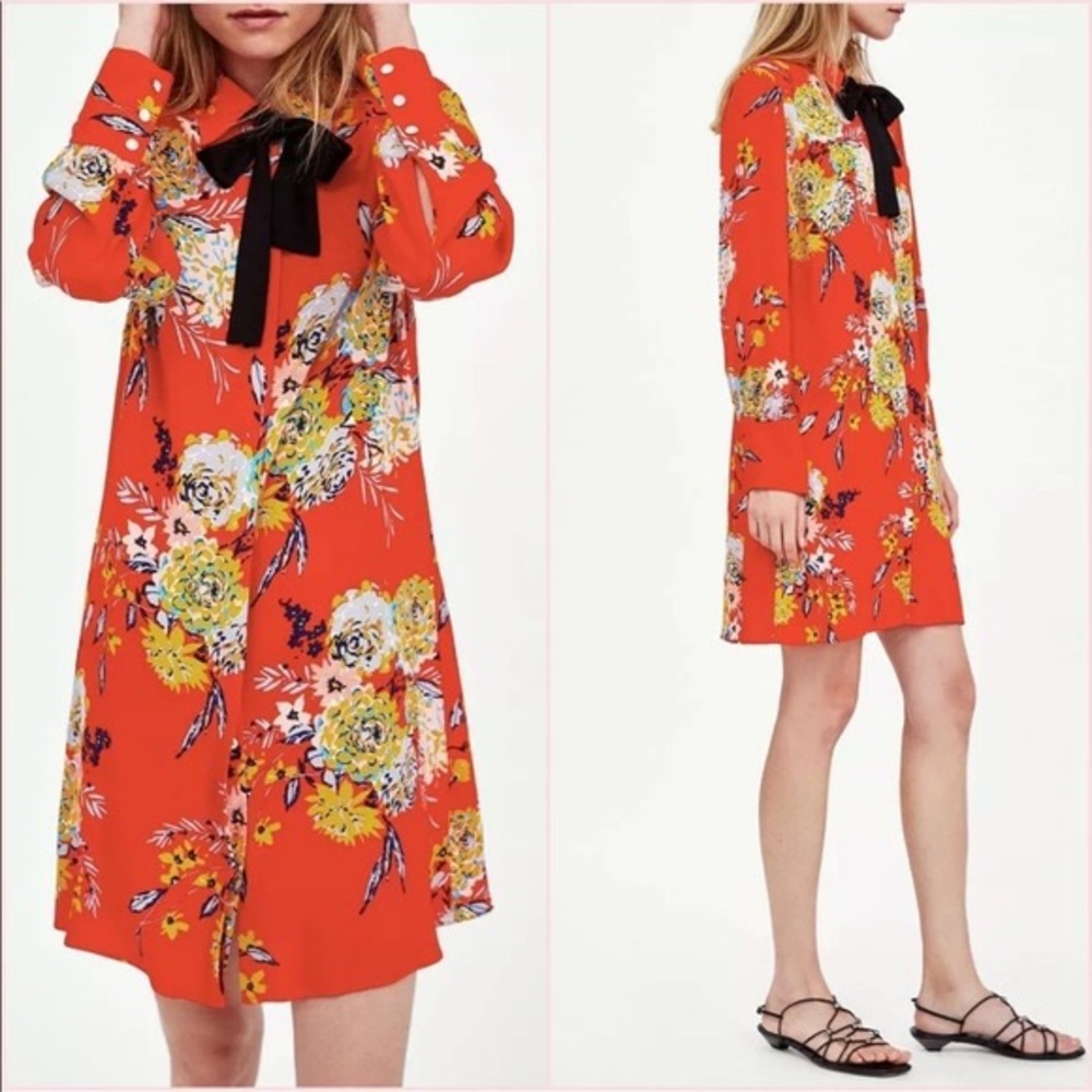 Zara Orange Floral Bow Collar Dress